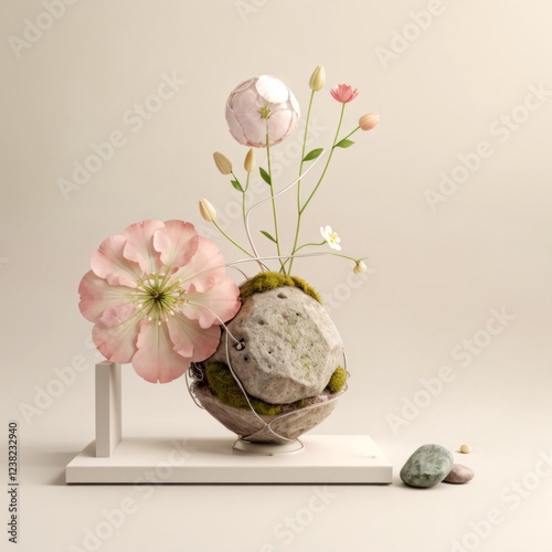 Square minimal composition with stone and pink flowers 