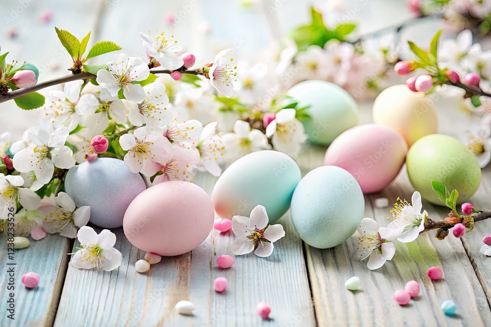 Spring's pastel hues: panoramic cherry blossoms frame whitewashed table, adorned with Easter eggs. Spring's pastel hues: panoramic cherry blossoms frame whitewashed table, adorned with Easter eggs.