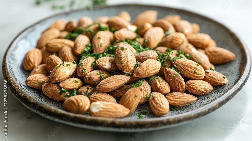 A beautifully arranged platter of roasted organic almonds, with a sprinkle of herbs for an extra touch. A beautifully arranged platter of roasted organic almonds, with a sprinkle of herbs for an extra touch.