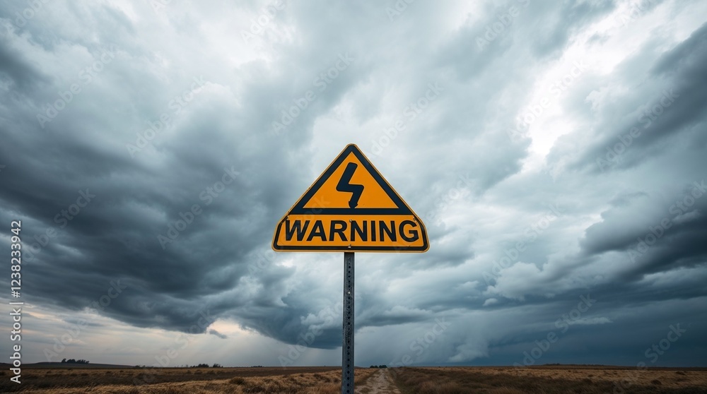 Warning Sign on Yellow Triangle Against Stormy Sky for Weather Safety and Emergency Preparednes Warning Sign on Yellow Triangle Against Stormy Sky for Weather Safety and Emergency Preparednes