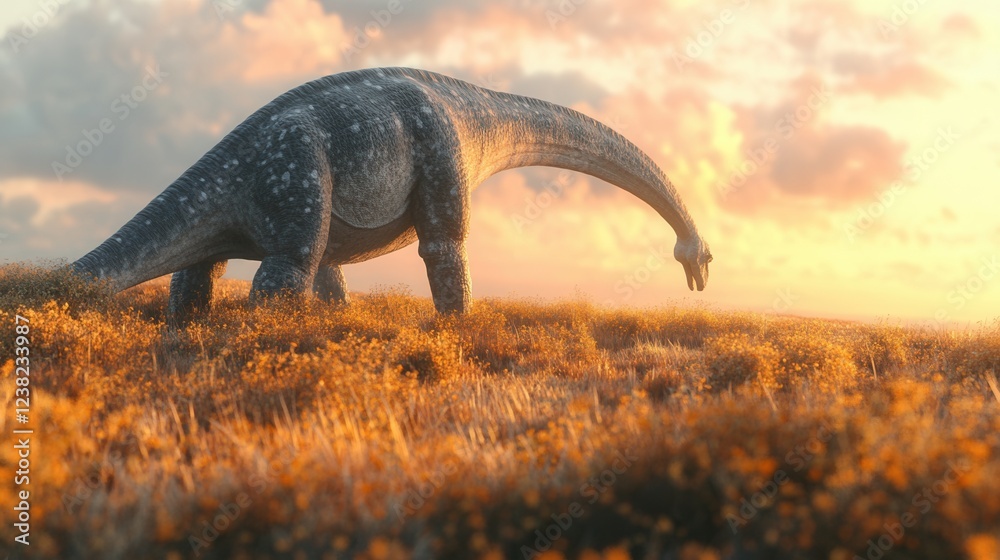 Naklejka premium Diplodocus Grazing in a Field, a digital illustration showcasing a majestic dinosaur peacefully feeding on lush grass, set against a clean white background