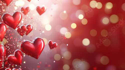 Shimmering red hearts create romantic bokeh effect, perfect for celebrations
