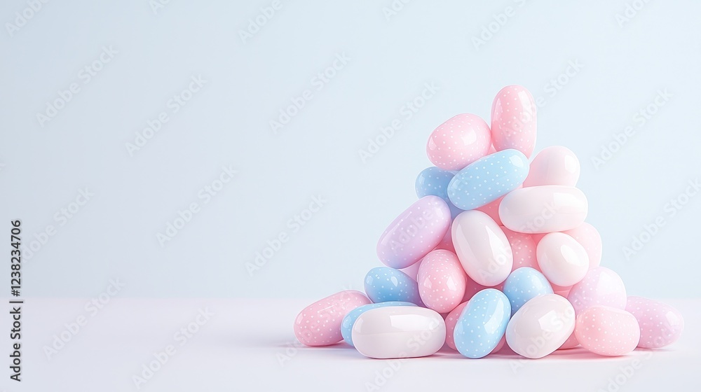 Pastel candy pyramid on white background, light blue backdrop; food photography, sweet treats Pastel candy pyramid on white background, light blue backdrop; food photography, sweet treats
