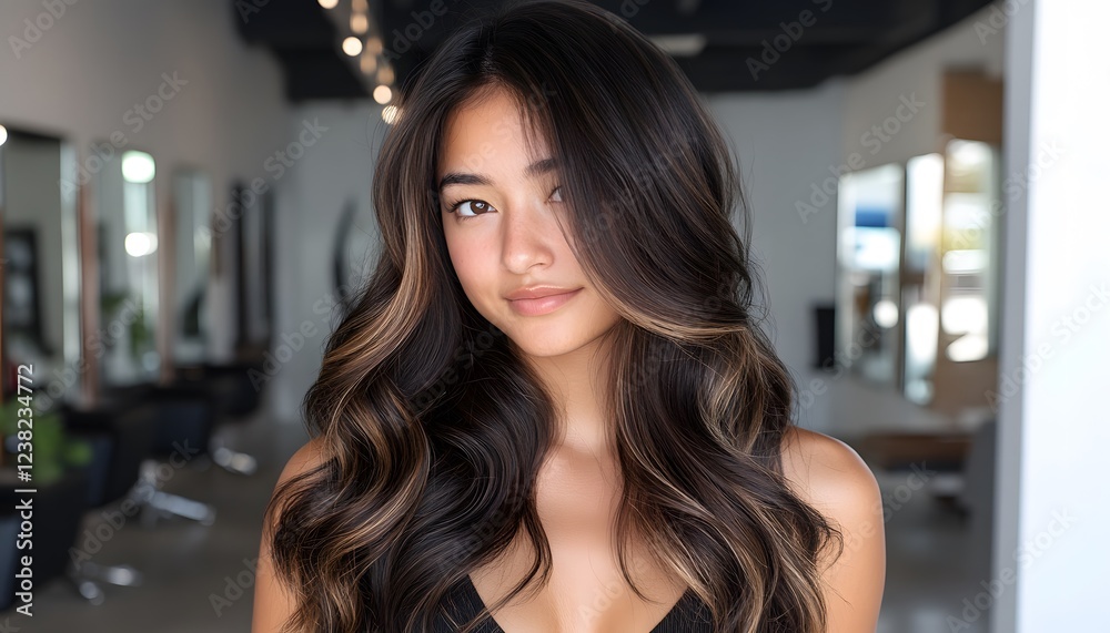 Obraz premium Young Woman With Long Wavy Brown Hair and Highlights
