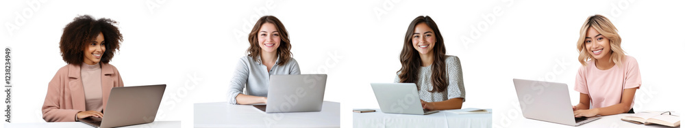 Diverse women using laptops png cut out element set, transparent background Diverse women using laptops png cut out element set, transparent background