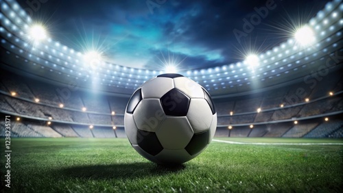 Soccer ball on black background with blurred stadium scene , sports, shadows,  sports, shadows, macro, evening, football