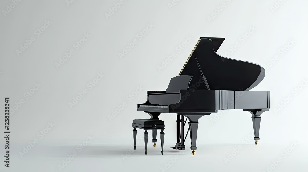 A classic black piano with intricate detailing on its legs, isolated against a simple white studio background. A classic black piano with intricate detailing on its legs, isolated against a simple white studio background.