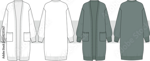 Women's Pocket Detail Long Line Cardigan. Cardigan technical fashion illustration. Front and back view, Women's CAD mock-up.