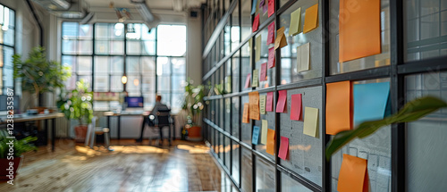 Modern office interior with creative workspace and colorful sticky notes for brainstorming activities