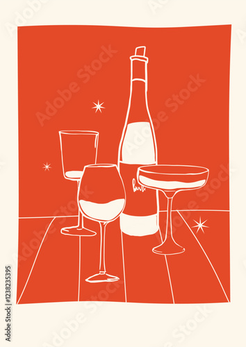 Posters in a whimsical and charming trendy style. The poster Wine Club feature elegant glasses and bottles of wine, including a wine club poster. Hand draw la dolce vita doodles
