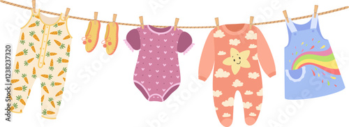 Baby clothes hanging on a clothesline are drying in the sunlight, featuring charming patterns of carrots, hearts, clouds, and a vibrant rainbow, adding a playful touch to any nursery