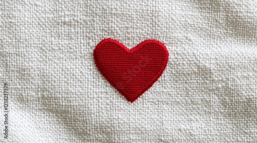 Red Heart Embroidered on White Textured Fabric Romantic Love Symbol Detailed Close Up Shot