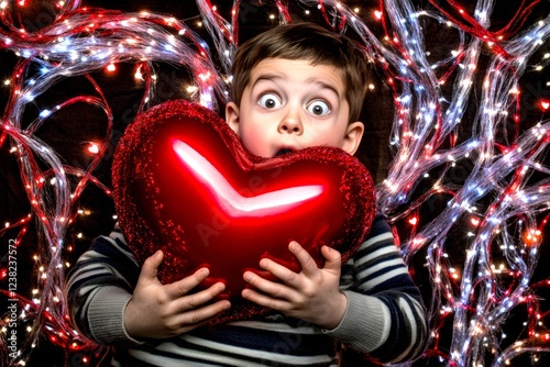 Commercial creative concept art. Ð¡hildren valentine's day greeting card: toddler boy with begging eyes face holds red heart in hands. Sign of love. Valentine's for families. photo