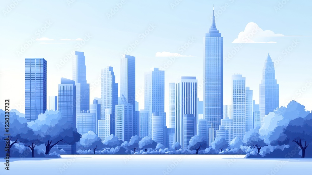 Fototapeta premium Cityscape, park, skyline, illustration, urban, design, background, blue, tranquil, morning
