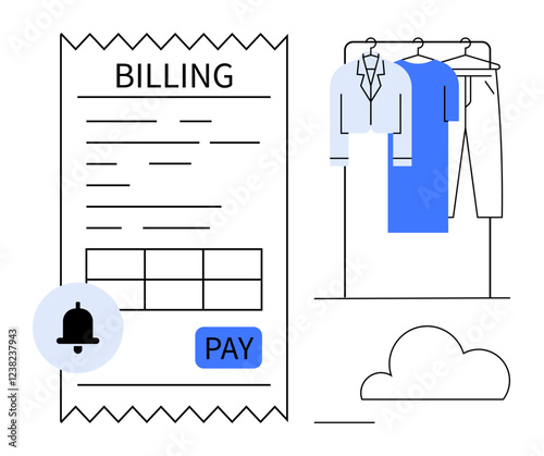 Billing receipt alongside clothing items on hangers, a cloud icon, and a payment notification. Ideal for online shopping, e-commerce apps, cloud services, digital wallets, fashion industry, payment