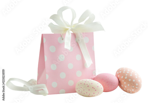 PNG Pink polka dot bag with pastel Easter eggs