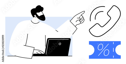 Business professional interacting with a laptop while pointing at a phone icon, illustrating active customer engagement or support. Ideal for customer service, sales, communication, digital