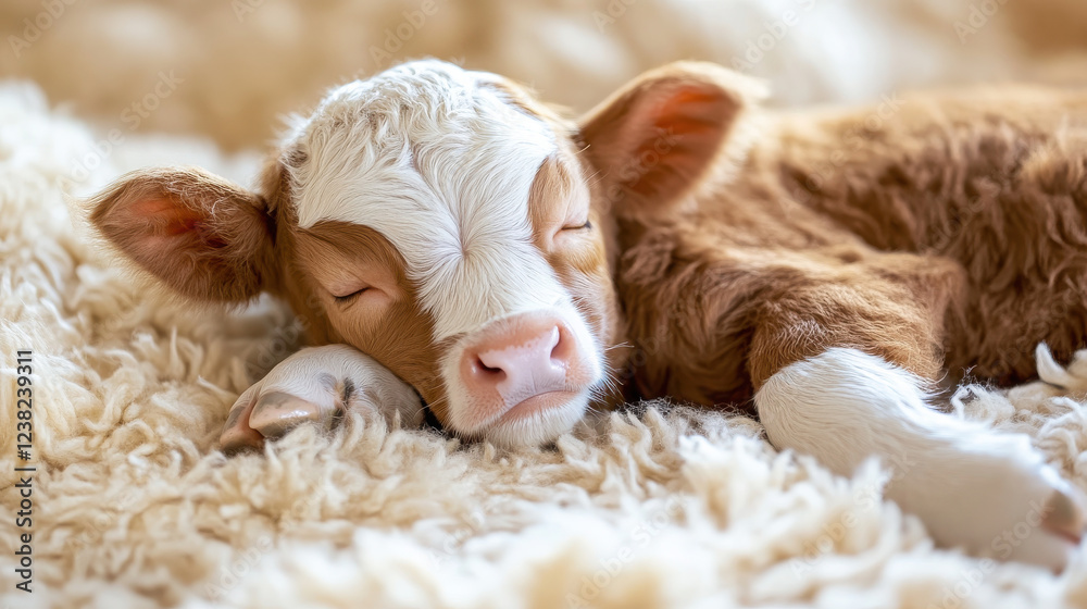 A sleeping calf rests peacefully on a soft, fluffy surface. A sleeping calf rests peacefully on a soft, fluffy surface.