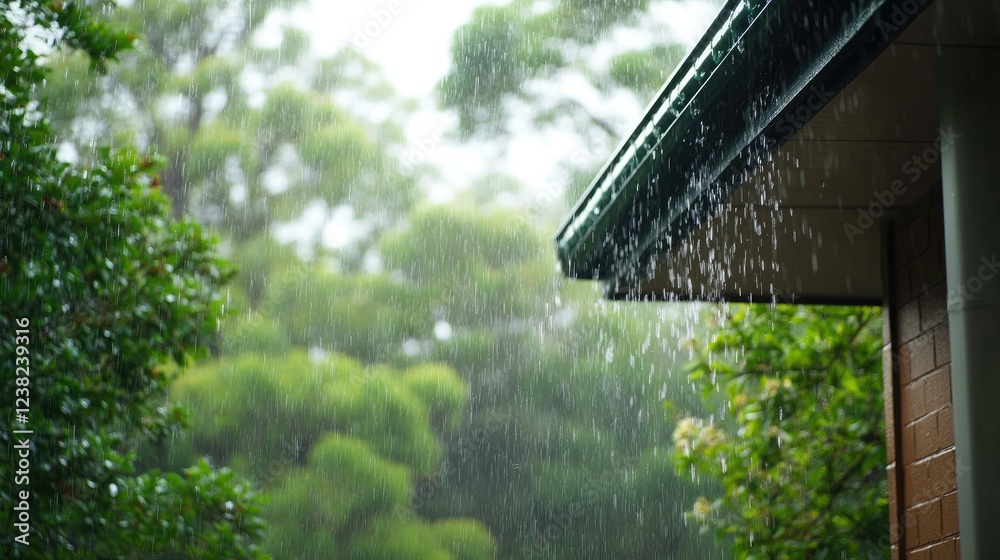 A dramatic downpour seen falling from a house roof, with a blurred background of trees. A dramatic downpour seen falling from a house roof, with a blurred background of trees.