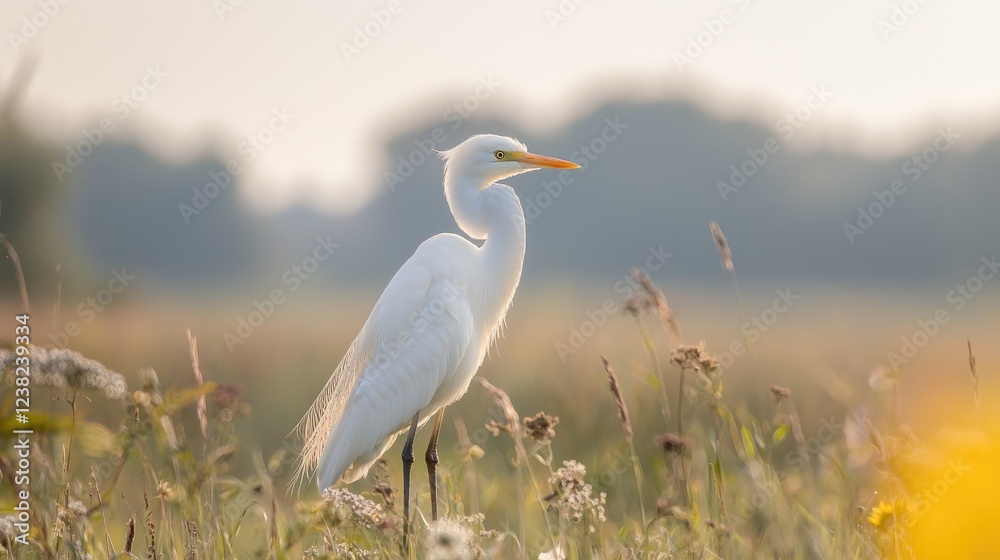 Great egret in sunrise meadow, serene nature scene, wildlife photography Great egret in sunrise meadow, serene nature scene, wildlife photography