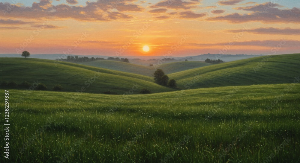 Obraz premium Stunning Sunrise Over Rolling Green Hills Landscape