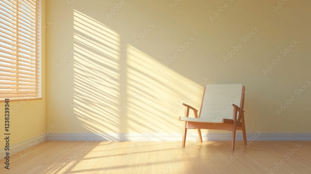 Fototapeta premium Serene Minimalist Room Interior Design Sunlight Streaming Through Window Blinds onto Wooden Chair and Light Hardwood Floor