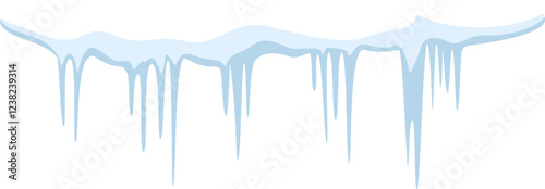 Row of icicles hanging from melting snow, set against a pristine white background, evoking a serene winter scene perfect for seasonal celebrations and holiday themes