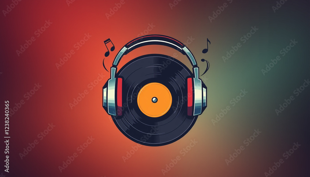 A vinyl record with a pair of red headphones and music notes, representing classic music, DJ culture, and vintage audio, designed in a retro and stylish illustration for branding and entertainment. A vinyl record with a pair of red headphones and music notes, representing classic music, DJ culture, and vintage audio, designed in a retro and stylish illustration for branding and entertainment.