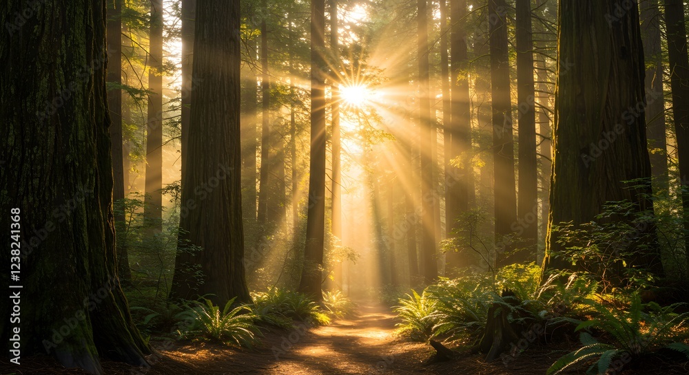 Obraz premium Sunbeams Through Redwood Forest Path Landscape Photography
