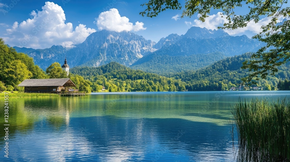 Obraz premium A serene lake with smooth reflections, surrounded by majestic mountains, symbolizing calm and stability.