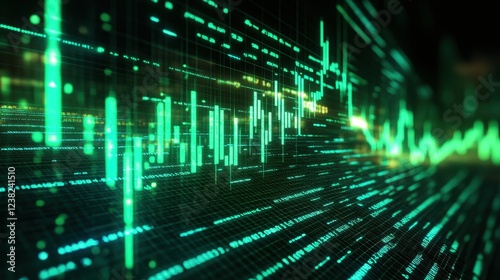 Abstract glowing green stock market chart. Illustrates financial data, trends, and analysis for investment projects.