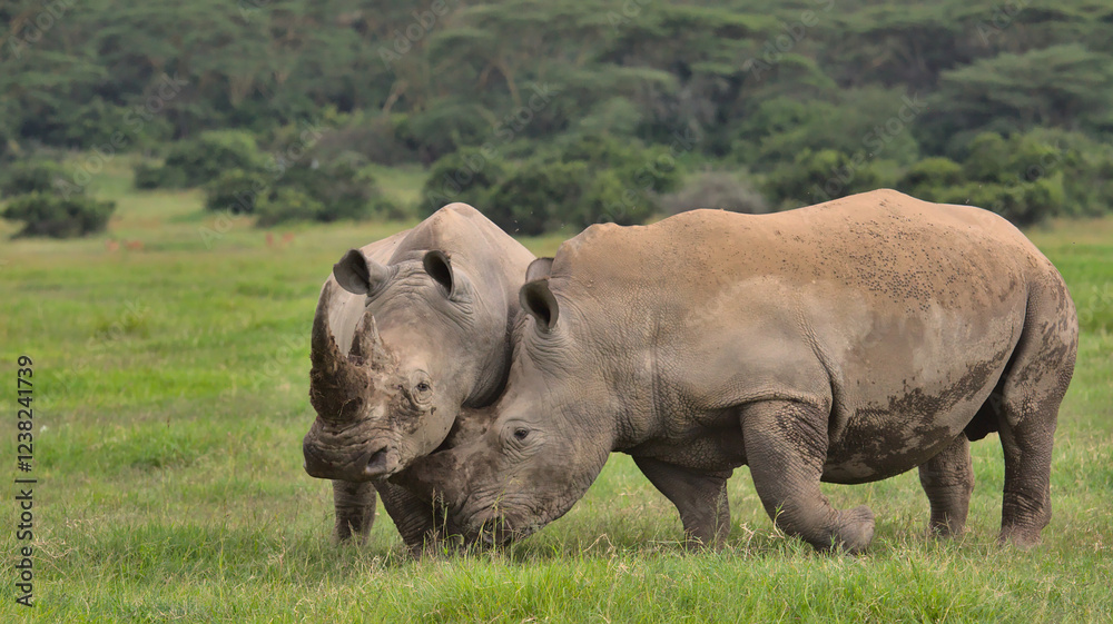 pair of male southern white rhinos engaged in play fighting to assert dominance in the wild savannah of solio game reserve, kenya pair of male southern white rhinos engaged in play fighting to assert dominance in the wild savannah of solio game reserve, kenya