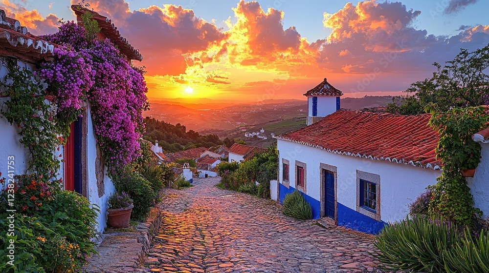 Naklejka premium Sunset over a charming Portuguese village cobblestone street