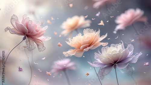 Pastel Flowers with Lacy Petals and Falling Floral Details in Dreamy Soft Focus Scene photo