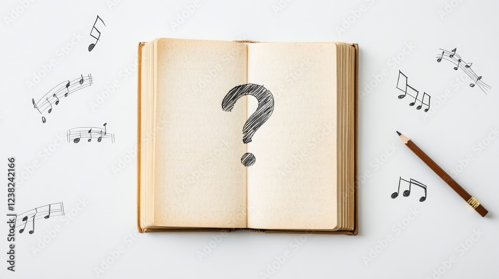 Open Book with Question Mark and Musical Notes Drawn Around ItPencil and Notebook with Musical Notes and a Question Mark Open Book with Question Mark and Musical Notes Drawn Around ItPencil and Notebook with Musical Notes and a Question Mark