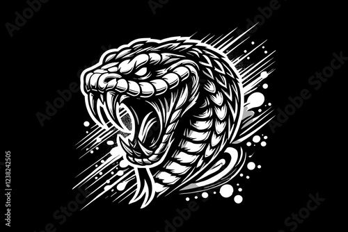 Scary snake head with splash Black And White Design On Black Background