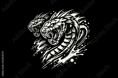 Scary snake head with splash Black And White Design On Black Background