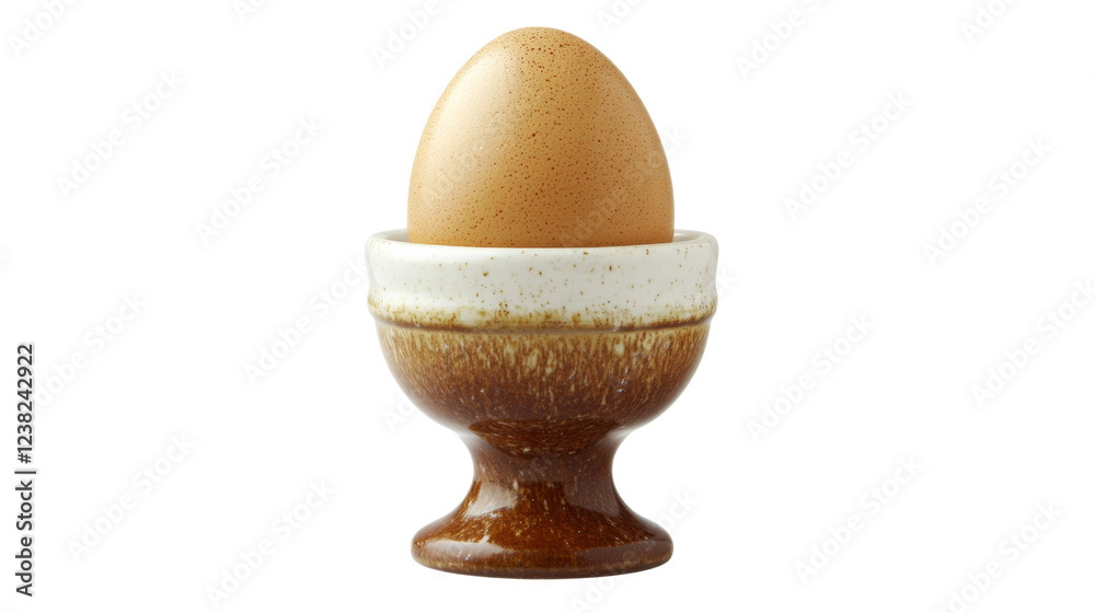 Brown egg standing in ceramic egg cup on transparent background Brown egg standing in ceramic egg cup on transparent background