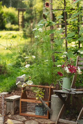fresh farm flowers - cosmea or garden cosmos in rustic style cottage garden. Growing annual flowers.