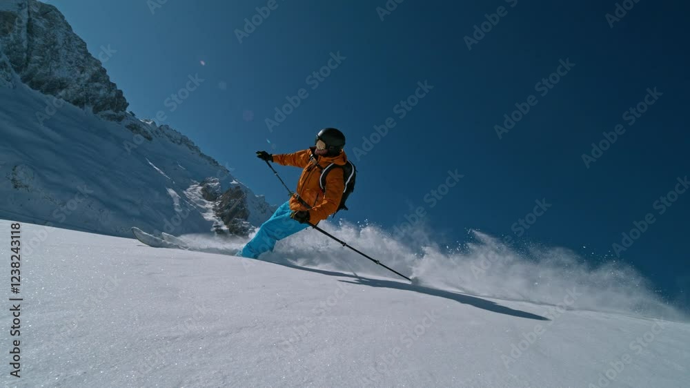 Skier riding in the scenic Dolomites mountains in fresh powder snow. Super slow motion at 1000 fps.