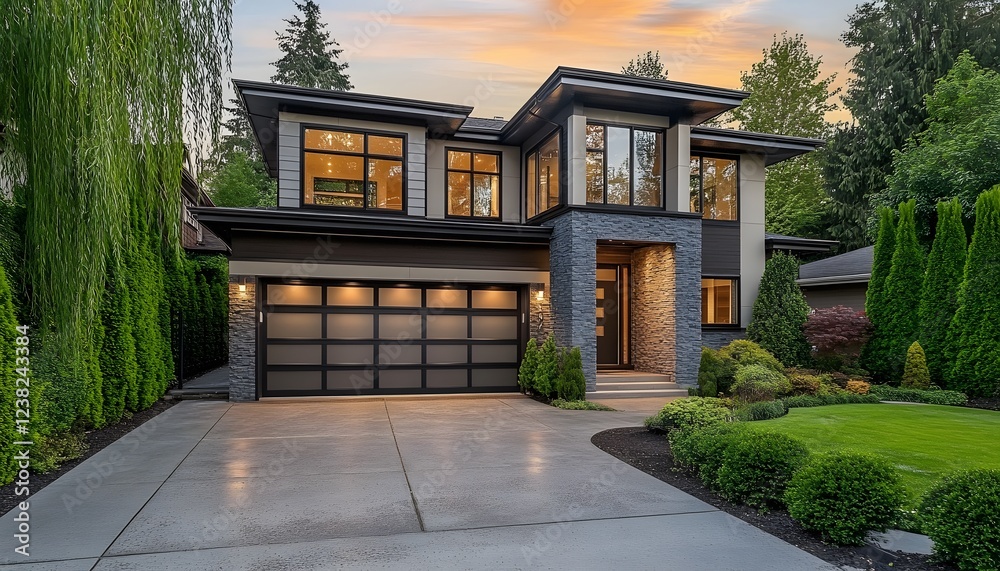 Fototapeta premium Modern Luxury Home Evening Sunset Exterior Design