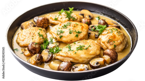 Chicken and mushroom fricassee cooking in creamy sauce on transparent background photo