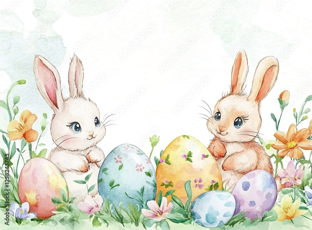 Obraz premium Cute watercolor illustration of two bunnies with colorful Easter eggs surrounded by spring flowers and greenery in a cheerful setting