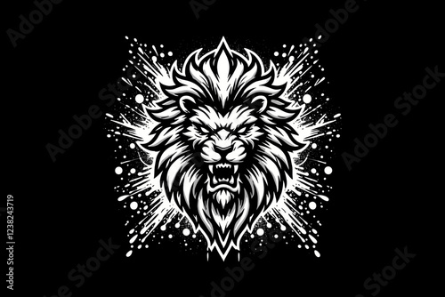 angry lion head Black And White Design On Black Background