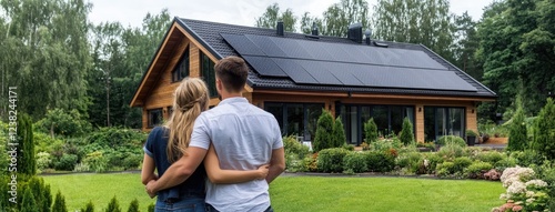 Father and daughter admire their eco-friendly home featuring solar panels, celebrating their commitment to renewable energy and family life