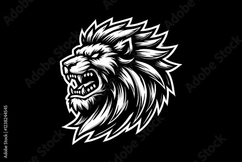 angry lion head Black And White Design On Black Background