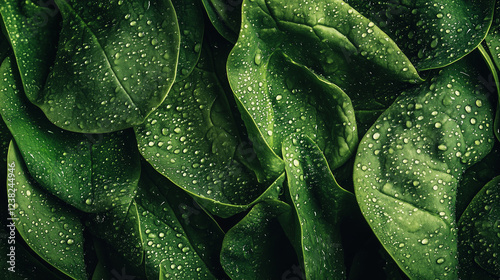 Background from fresh green spinach leaves with water drops. Texture of raw organic baby spinach close up. Food background. photo