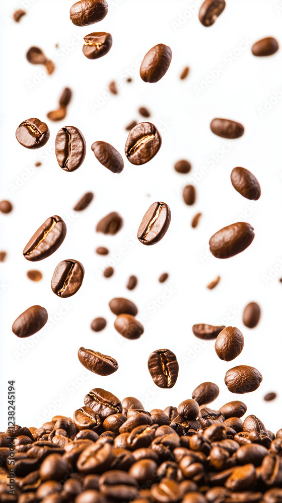 Obraz premium Falling coffee beans in the air close up isolated on a white background.