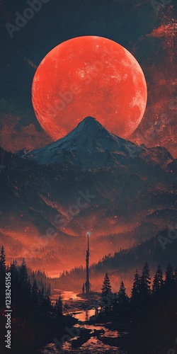 Red Moon over Mount Fuji with Mystical Forest, Fantasy Landscape Wallpaper


