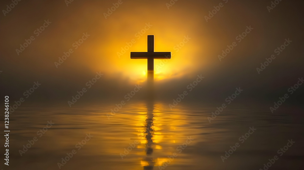 Sunrise Cross Reflection: Golden Hour Spiritual Scene Sunrise Cross Reflection: Golden Hour Spiritual Scene